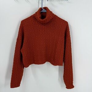 Lulu’s Down To Earth Rust Orange Cropped Cable Knit Turtleneck Sweater S